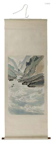 A Chinese scroll depicting boats in the gorges of the
