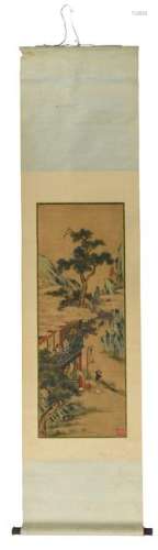 A Chinese scroll depicting ladies on a balcony, signed