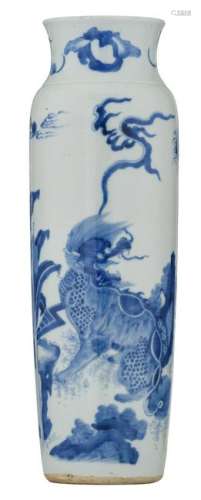 A Chinese blue and white cylinder shaped vase, overall