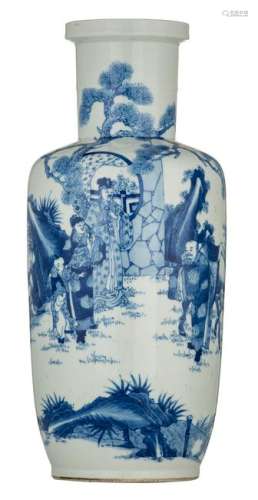 A Chinese blue and white rouleau vase decorated with a