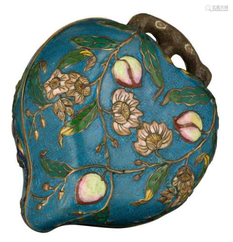 A Chinese peach shaped cloisonne box and cover, the