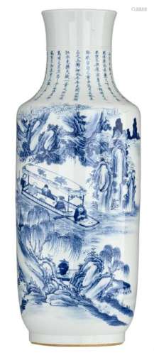A Chinese blue and white rouleau vase, the decoration