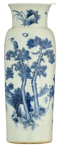 A Chinese blue and white rouleau vase, decorated with a