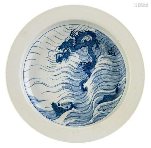 A Chinese blue and white wash basin, the well decorated