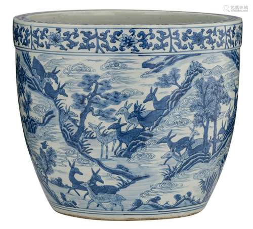 A Chinese blue and white Ming type cachepot, floral