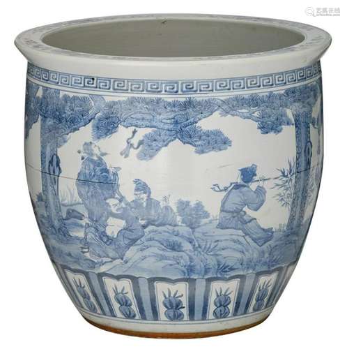 A large Chinese blue and white fish bowl, all over