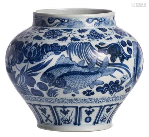 A Chinese blue and white jar, all over decorated with