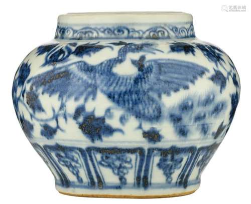 A Chinese blue and white Yuan style jar, decorated with