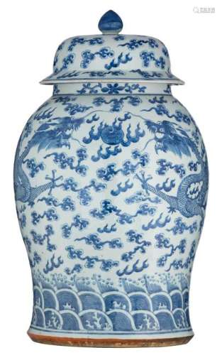 A large Chinese blue and white vase and cover,