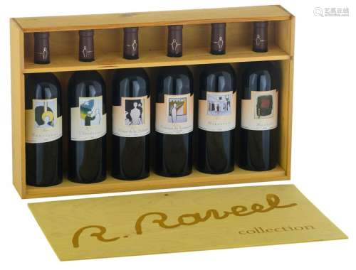A wooden wine box, containing six French red wines ('99