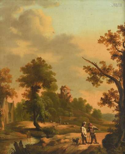Monogrammed D.T., shepherds in a landscape, oil on