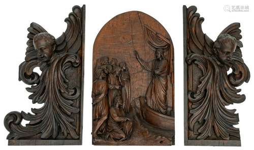 An oak alto relievo scene depicting Christ preaching