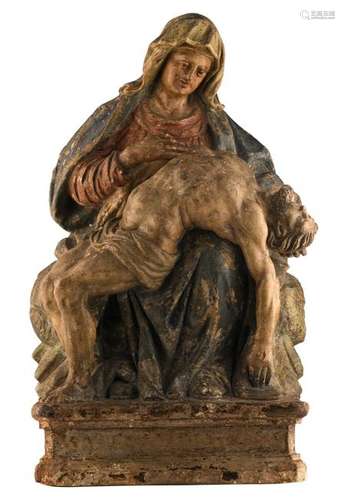 A French chalk stone polychrome painted pieta,17thC, H