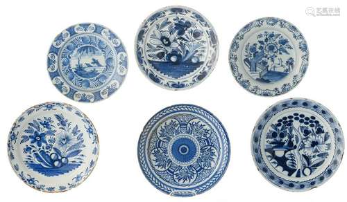 A lot of six blue and white Dutch Delftware plates, all