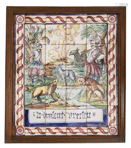 A framed tile panel consisting of 20 polychrome