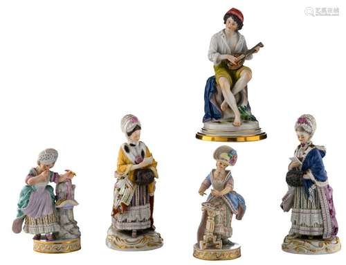 A lot of polychrome decorated Meissen figures