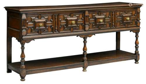 An English Jacobean style oak lowboy, partly 17thC, H