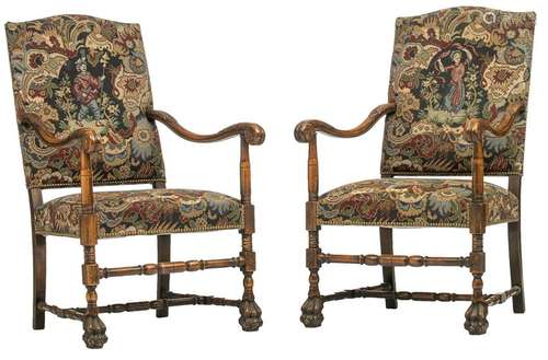 Two walnut Louis XIII style armchairs, H 112 - W 68 - D