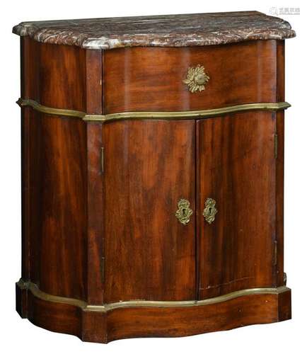 A double door mahogany veneered cabinet with brass