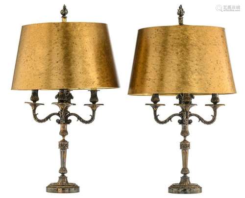 Two silver plated bronze neoclassical table lamps, H 77