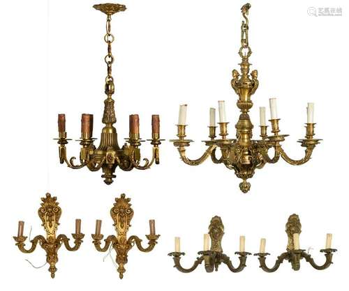 A lot of a Neoclasscial gilt bronze chandelier, a ditto