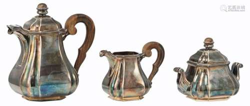 A silver three-part coffee set with walnut handles,