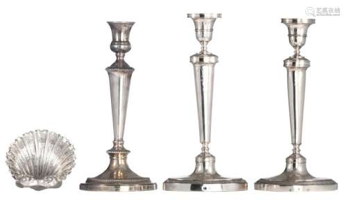 A pair of Belgian neoclassical silver candlesticks, one