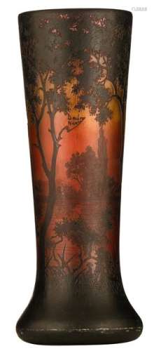 A Daum Nancy cameo glass vase depicting a red evening