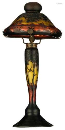 A Daum Nancy cameo glass lamp depicting a waterside
