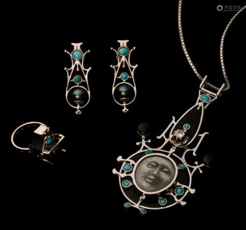 Landuyt O., an 18ct white gold and turquoise three-part