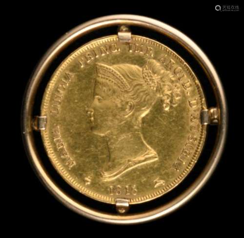 A gold Parma Maria Luigia 40 Lire coin, 1815, set in an