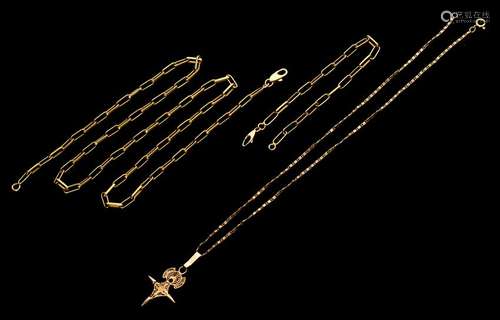 An 18ct gold necklace with filigree pendant, length 41