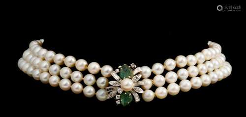 A three strand cultured pearl 'ras du cou' necklace,