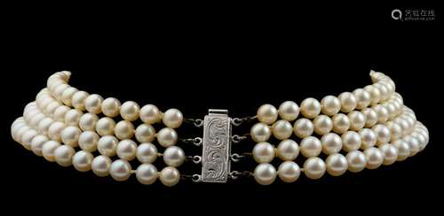 A four strand cultured pearl 'ras du cou' necklace with