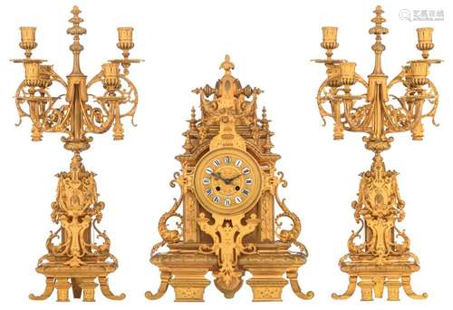 A three-piece gilt bronze Renaissance Revival pendule,