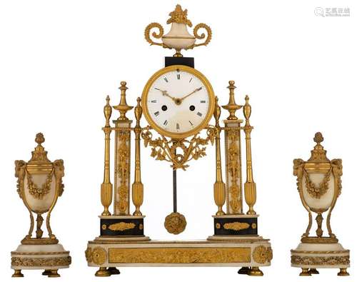 A three-part neoclassical gilt bronze mantel clock