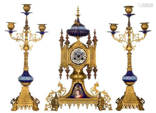 A three-piece French Gothic Revival garniture, with