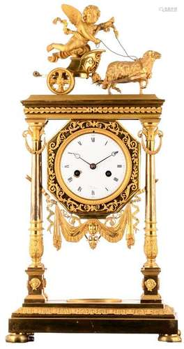 A neoclassical pendulum clock decorated on top with a