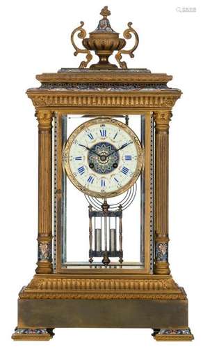 A neoclassical copper table clock with cloisonne