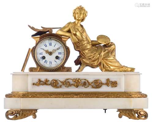 A gilt bronze mantel clock with an allegory of painting