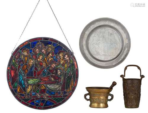 A various lot consisting of an engraved baptismal dish,