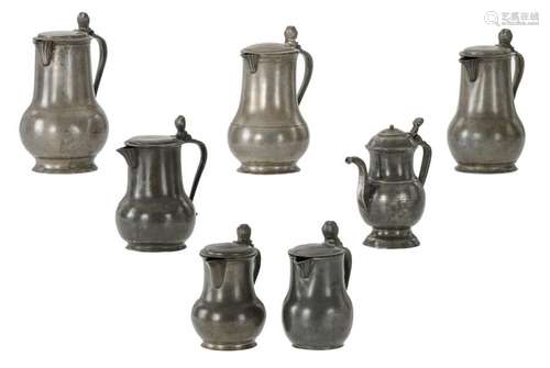 A lot of seven pewter jugs, five of them marked, 18thC,