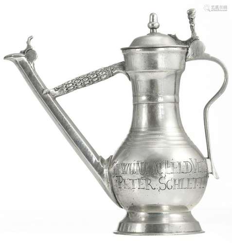 A rare 18thC Swiss pewter 'Stegkanne' or wine flagon,