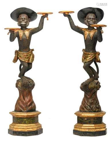 A pair of polychrome and gilt decorated Venetian monkey