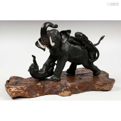 Meiji Period Elephant and Tiger Bronze