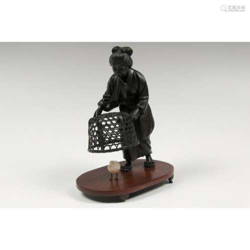 Meiji-style Bronze of Woman with Basket