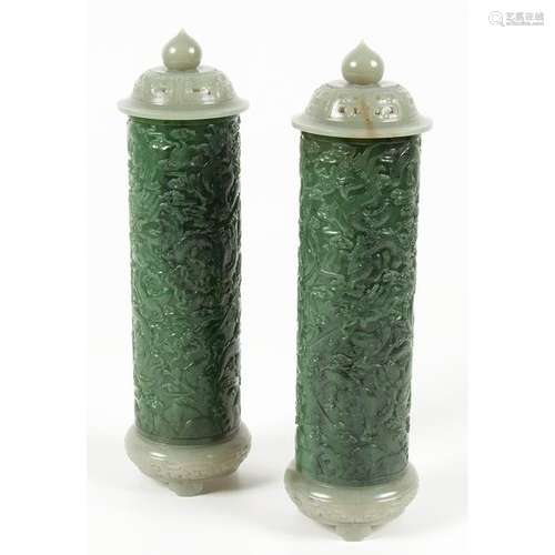 Pair of Chinese Carved Spinach Jade Incense Holders