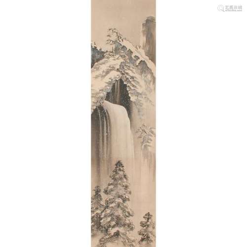 Japanese Scroll with Winter Waterfall Scene