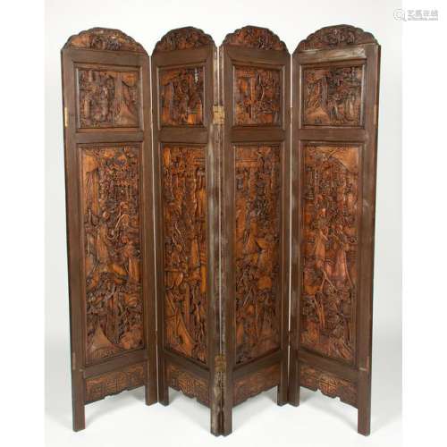 Chinese Carved Hardwood Four Panel Screen