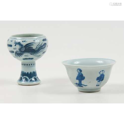 Ming Blue and White Stem Cup and Bowl